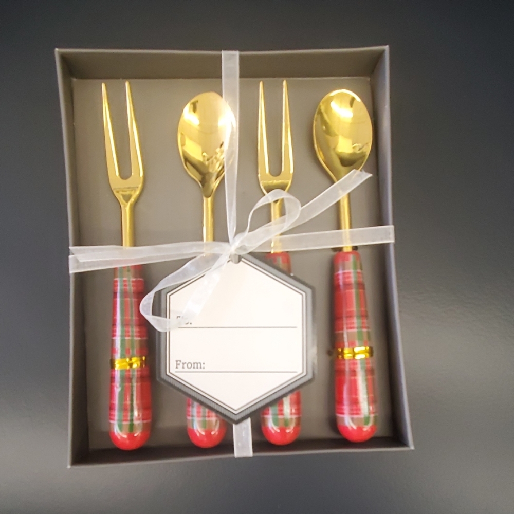 holiday Plaid Cocktail Fork& Spoon Set